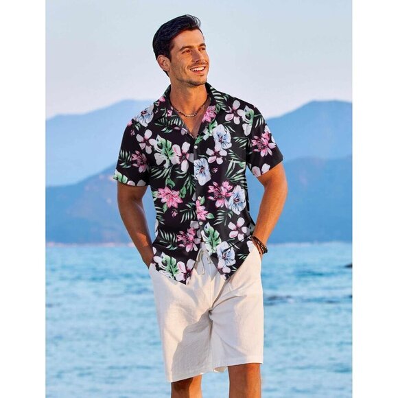 Mens Black & Pink  Hawaiian Shirts Short Sleeve Floral Button Down Shirt - Picture 4 of 7